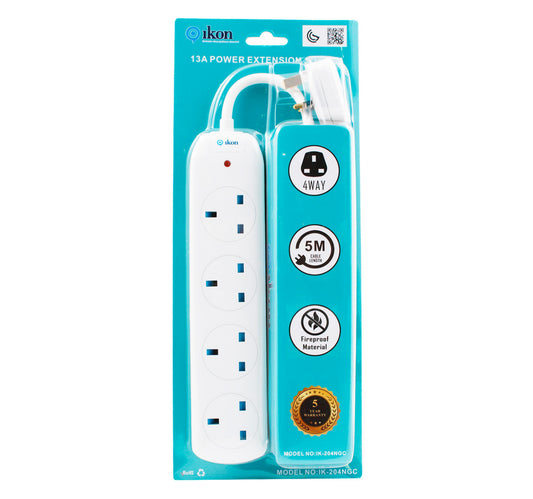 Ikon 4 Way Extension Socket, 3250W, 5m Cable Length, IK-204NGC