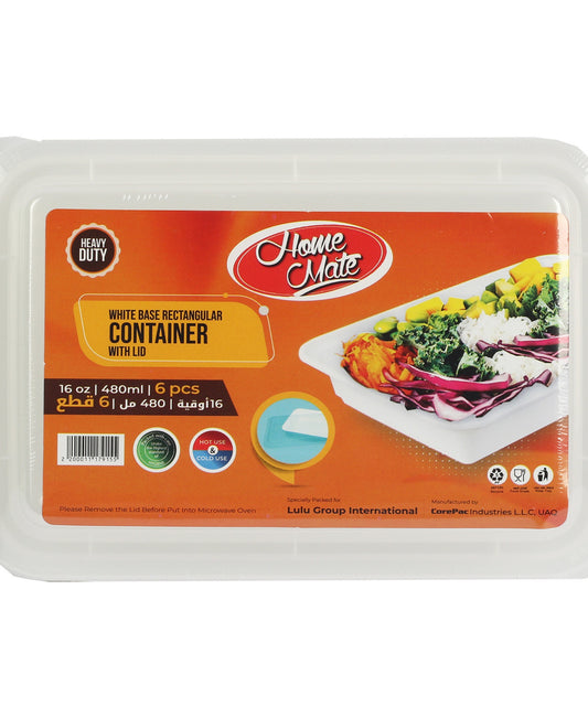 Home Mate Microwave White Rectangular Container With Lid Size 480 ml 6 pcs