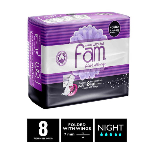 Fam Natural Cotton Feel Maxi Thick Folded with Wings Night Sanitary 8 pcs
