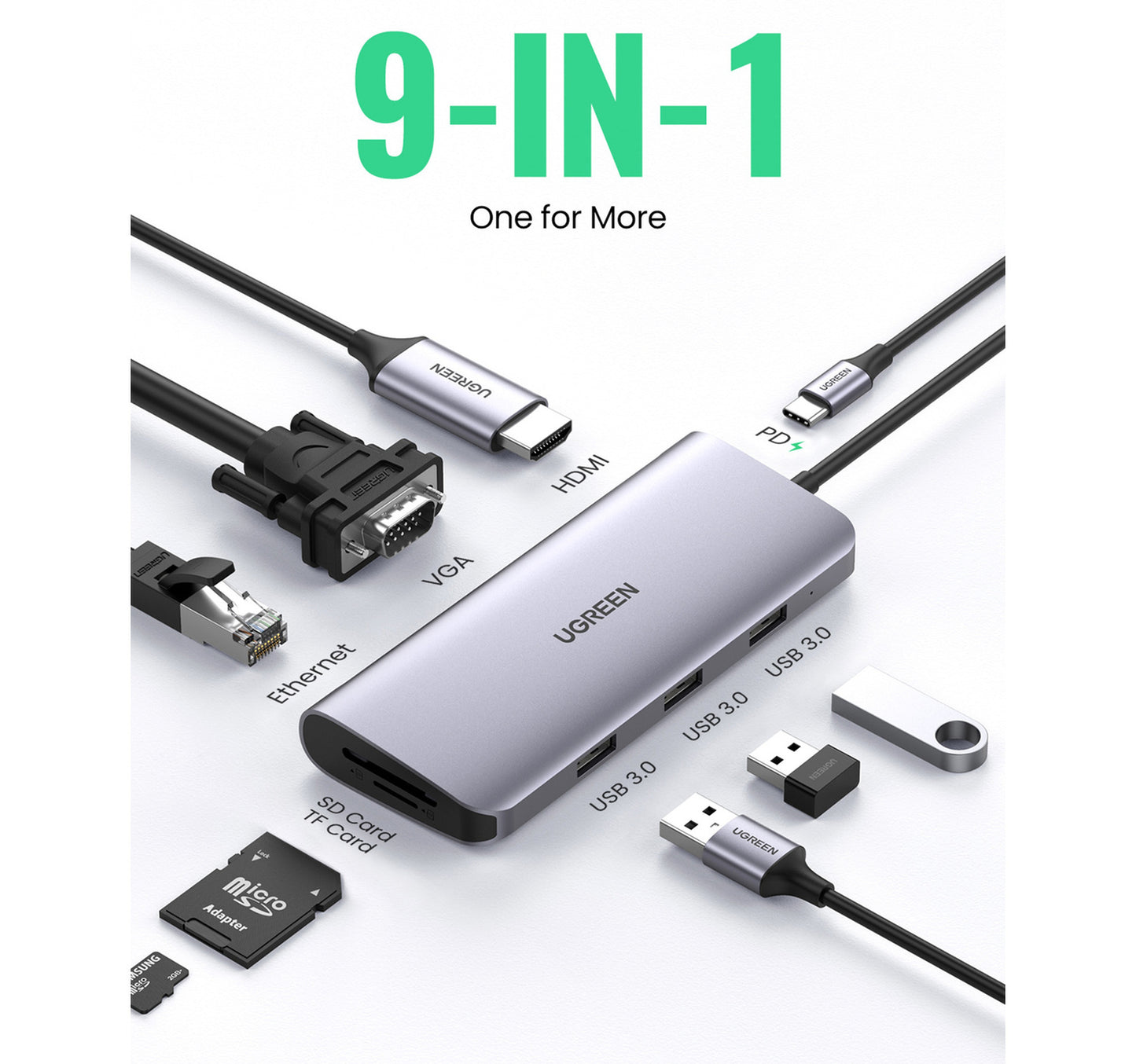 Ugreen 9 in 1 USB-C Hub, Gray, 40873