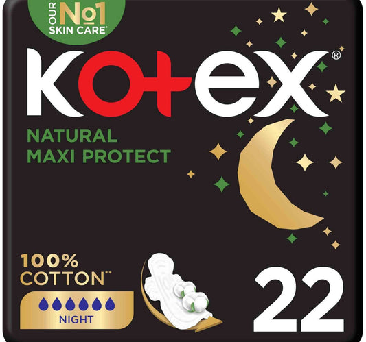 Kotex Natural Maxi Protect Thick 100% Cotton Overnight Sanitary Pads with Wings 22 pcs