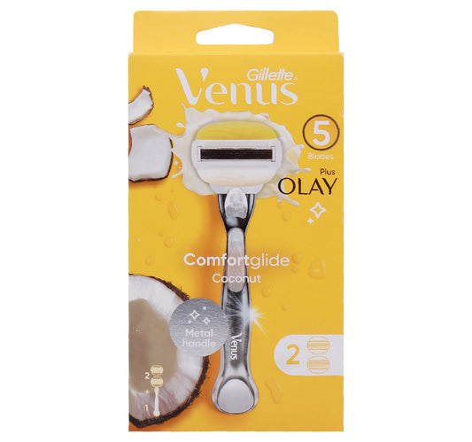 Gillette Venus 5 Blades Plus Olay Comfortglide Coconut Metal Handle + 2 Cartridge