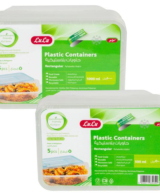 LuLu Plastic Containers Rectangular 5 x 1000 ml + 5 x 500 ml