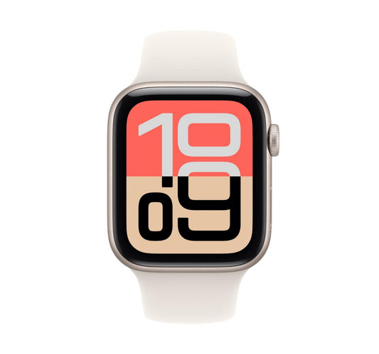 ساعة Apple Watch SE 3 الذكية بنظام تحديد المواقع العالمي (GPS)، هيكل Starlight من الألومنيوم مقاس 44 مم مع سوار Starlight الرياضي (متوسط/كبير)، MEHJ4AF/A