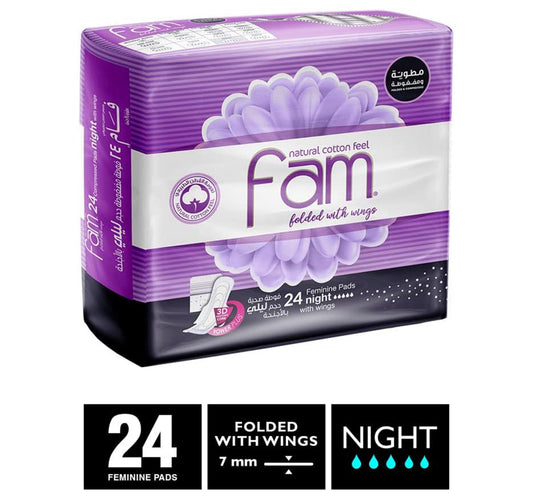 Fam Natural Cotton Feel Feminine Night Pads With Wings 24 pcs