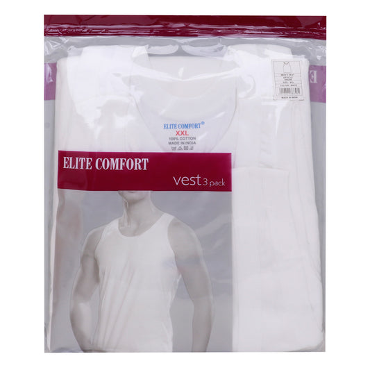 Elite Comfort Cotton Men's Vest, 2XL, 3 pcs, White, ELXVW