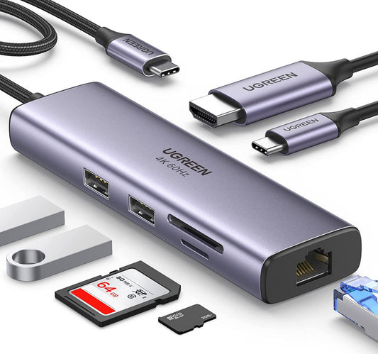 Ugreen 7-in-1 USB C Hub 4K@60Hz Type C to HDMI Dongle with Gigabit Ethernet, USB 3.0 Ports, 100W PD, SD/TF Card Reader, USB-C Dock for Steam Deck, MacBook Pro/Air M1 2022/2021, iPad Pro 2022/2021 (CM512)