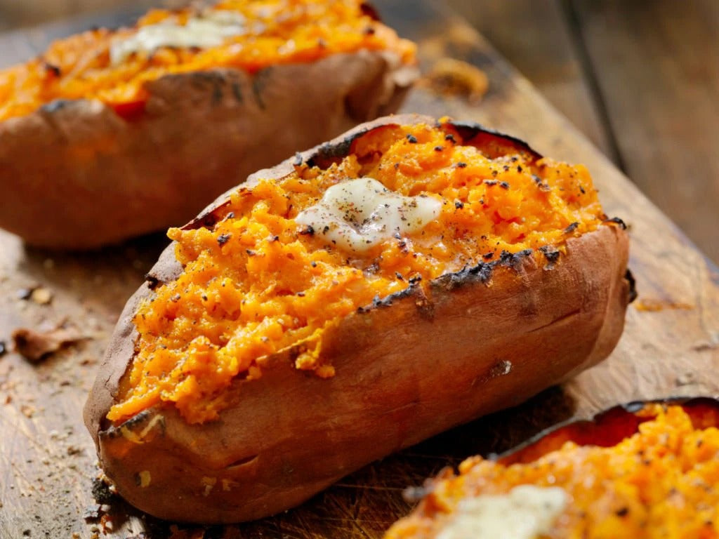 Twice Baked Stuffed Sweet Potatoes with Melting Butter and Cracked Pepper Kitchen by Abeer