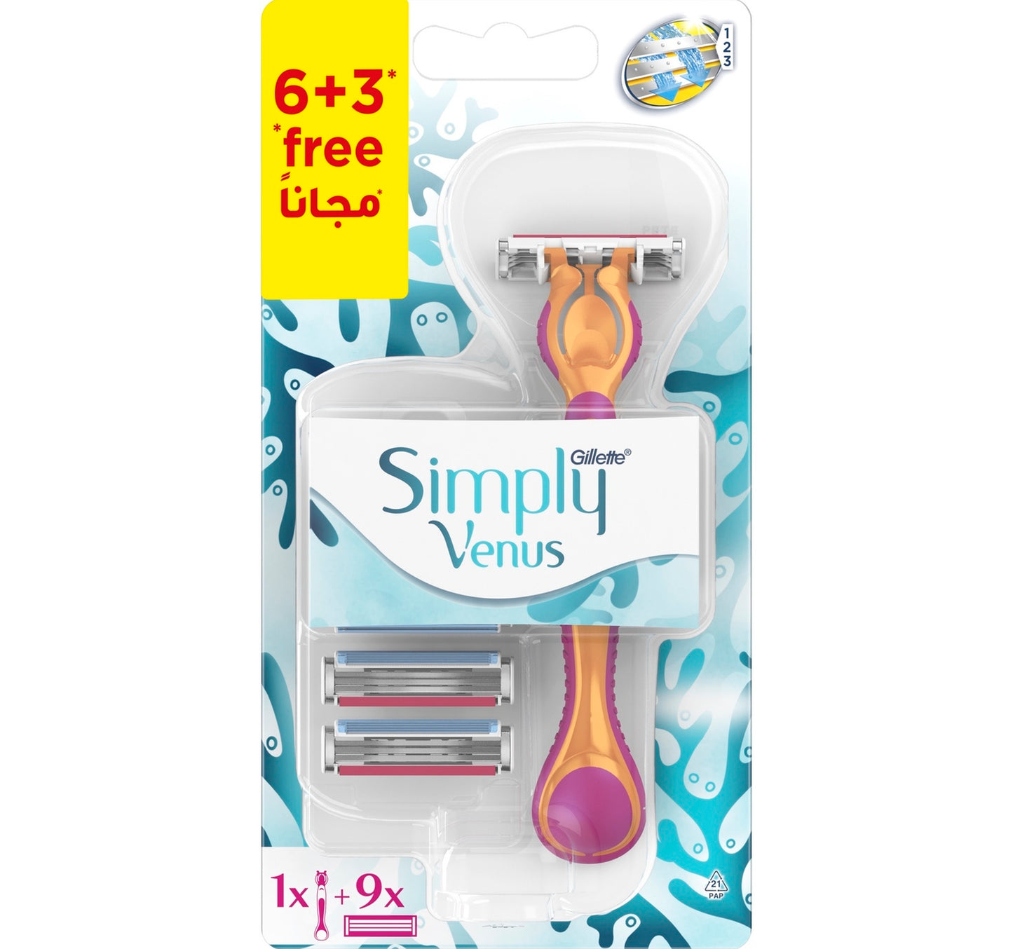 Gillette Simply Venus 3in1 Refillable Women's Smooth Razor1 Handle + Blade Refills 6+3