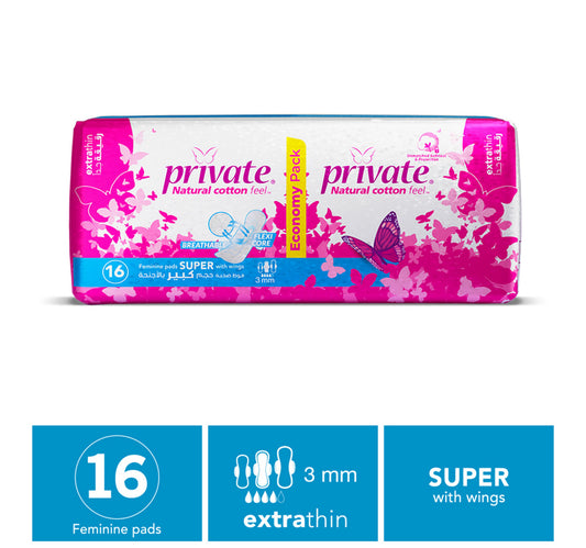 Private Natural Cotton Feel Extra Thin Super Sanitary Pads 16 pcs