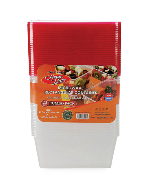 Home Mate Microwave Rectangular Container With Color Lid Jumbo Pack 1000 ml 25 pcs