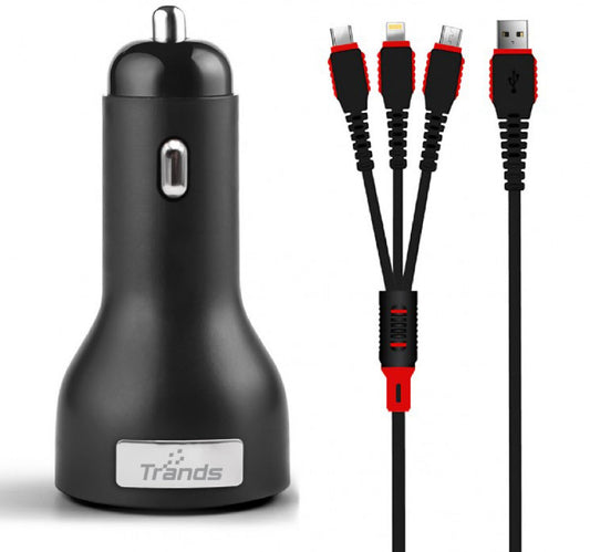 Trands Dual Port Car Charger with 3 in 1 Cable Lulu Hypermarket