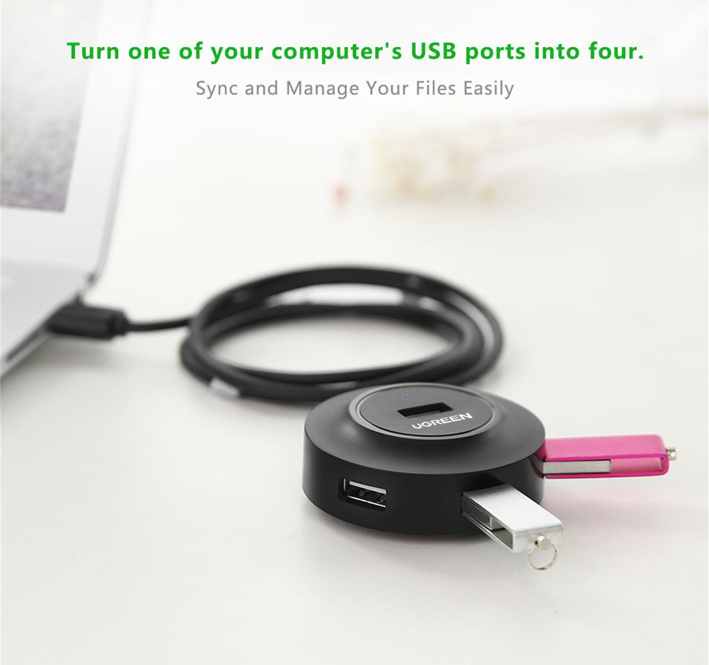 Ugreen 4 Ports USB 2.0 Hub, 1 m, Black, 20277
