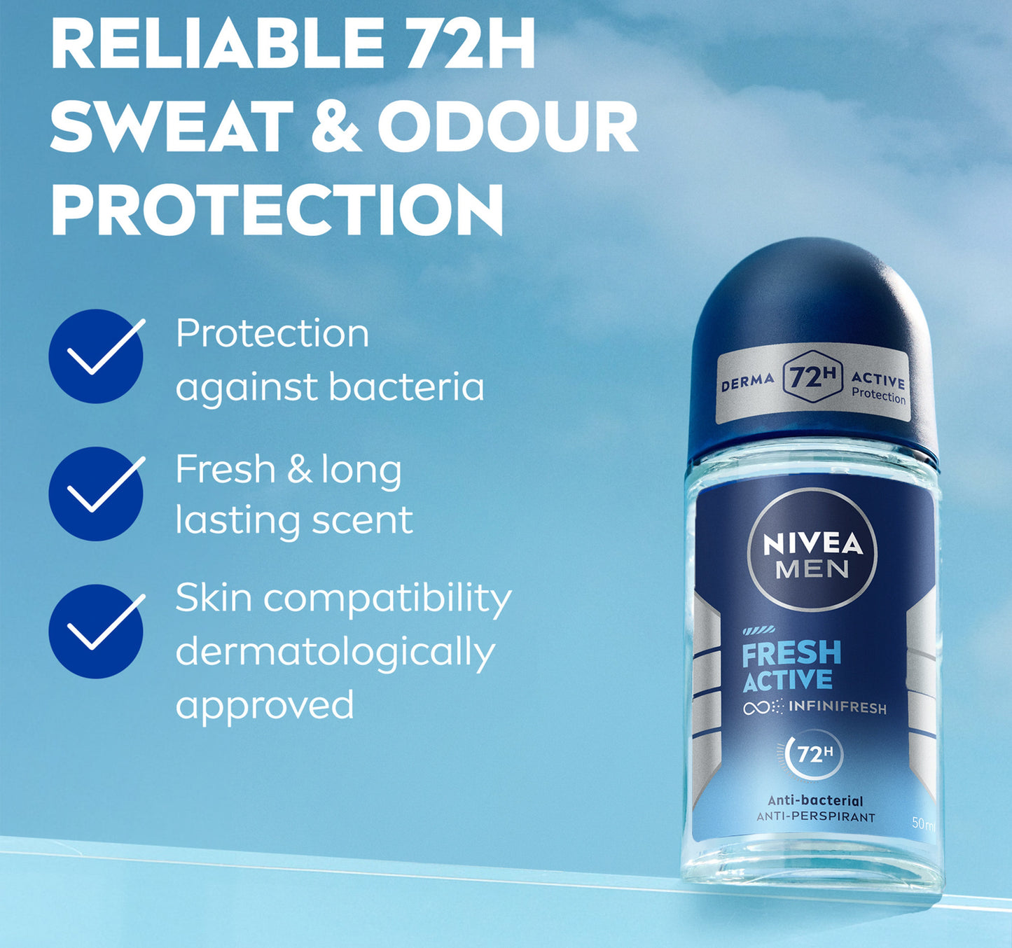 Nivea Men Fresh Active Antibacterial Deodorant Roll-on for Men 72H 50 ml