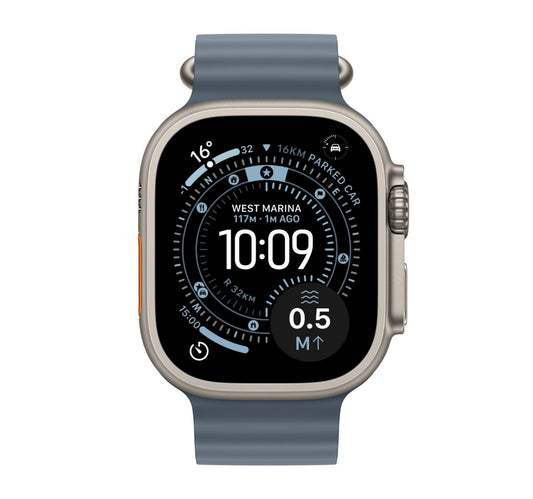 ساعة Apple Watch Ultra 3 الذكية بنظام تحديد المواقع العالمي (GPS) وشبكة خلوية، هيكل من التيتانيوم الطبيعي مقاس 49 مم مع سوار أزرق محيطي مرساة، MEWH4AF/A