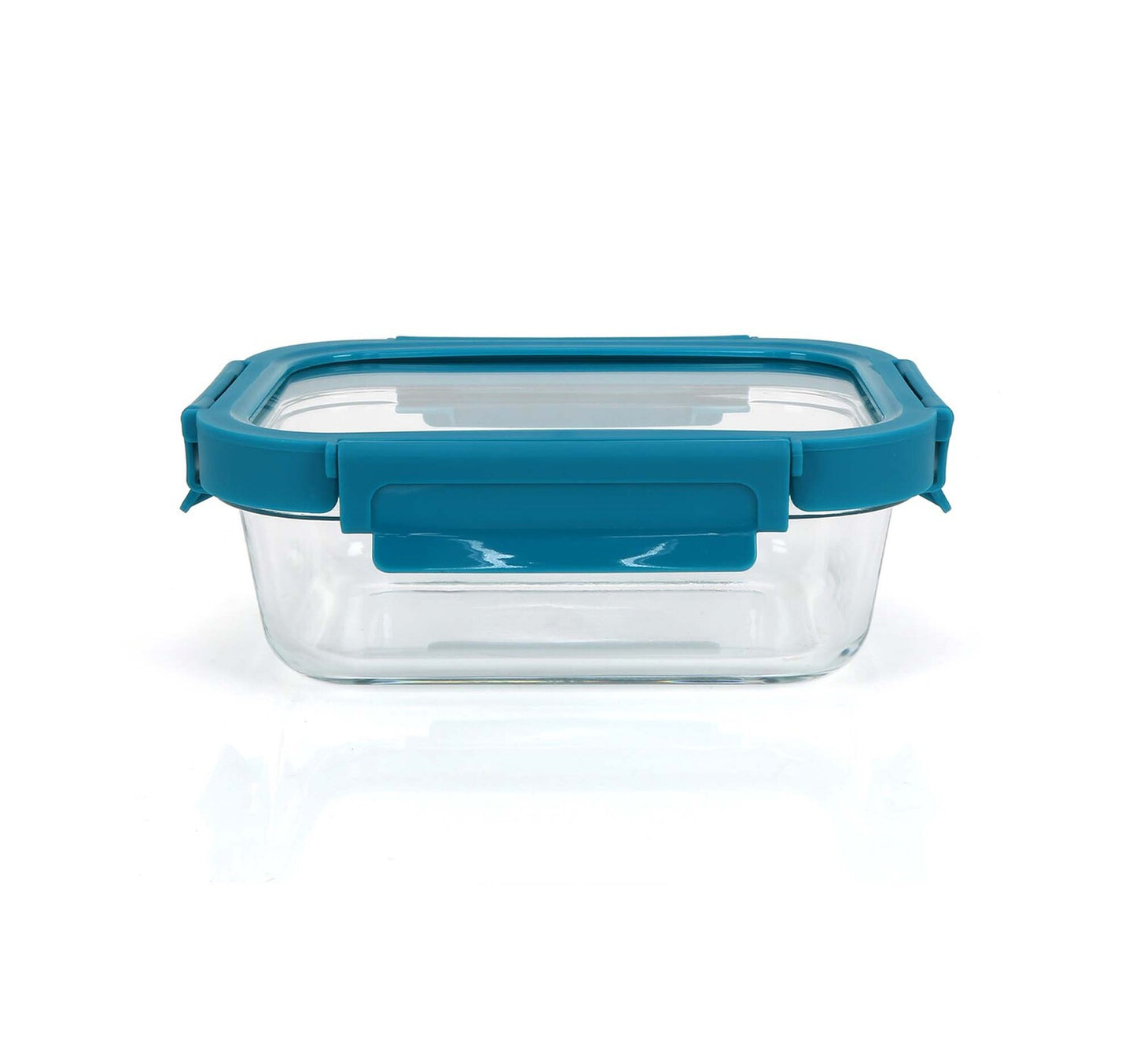 Chefline Rectangle Food Storage Glass Container With Lid, Teal Blue, 640 ml