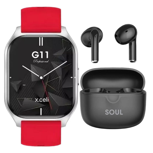 X.Cell G11 Pro Smartwatch, 2.01 inches HD Display, Red + Soul 17 Pro True Wireless Earbuds, Assorted Lulu Hypermarket