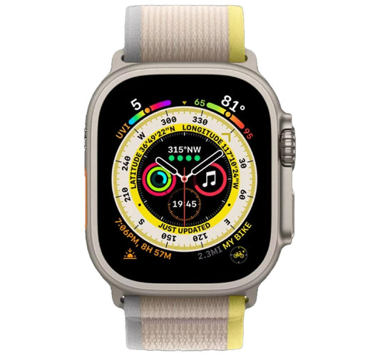 ساعة Apple Watch Ultra GPS + Cellular الذكية مقاس 49 مم، هيكل من التيتانيوم مع حلقة Trail Loop صفراء/بيج (S/M)، MNHK3
