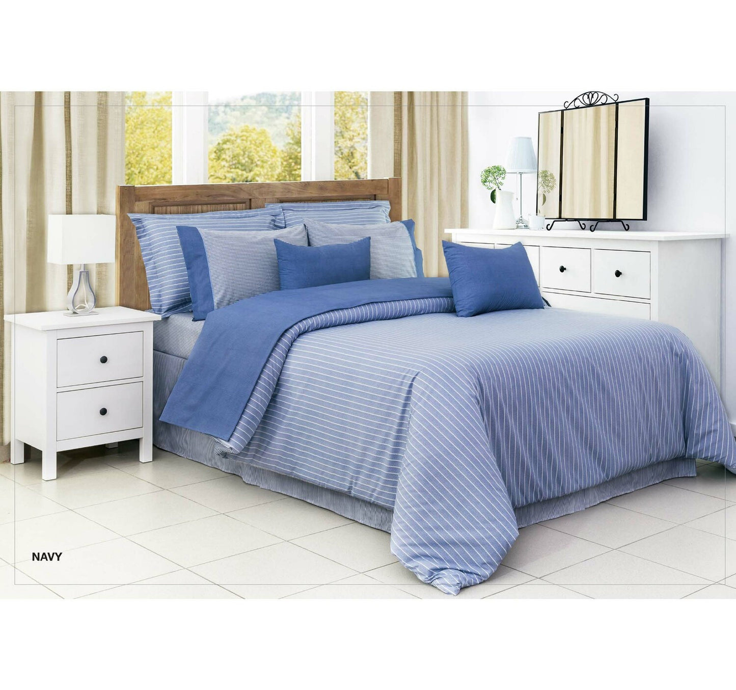 Cannon Solid Striped Collection 100% Cotton Fitted Sheet 152x200cm 144 Thread Count Navy