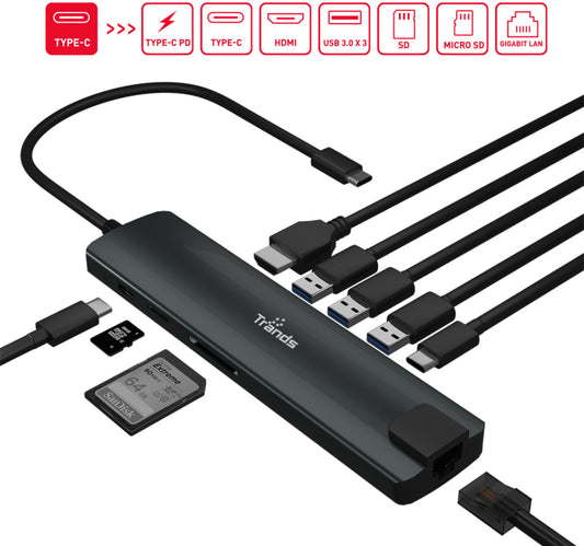 Trands Type-C Hub 9-in-1 USB C to HDMI Multi port Adapter Dock CR6533