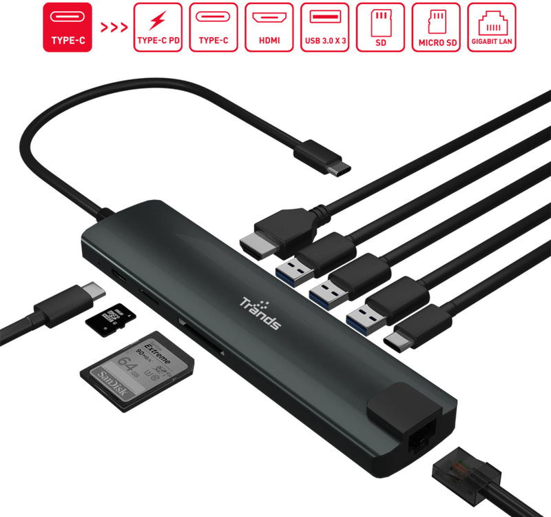 Trands Type-C Hub 9-in-1 USB C to HDMI Multi port Adapter Dock CR6533