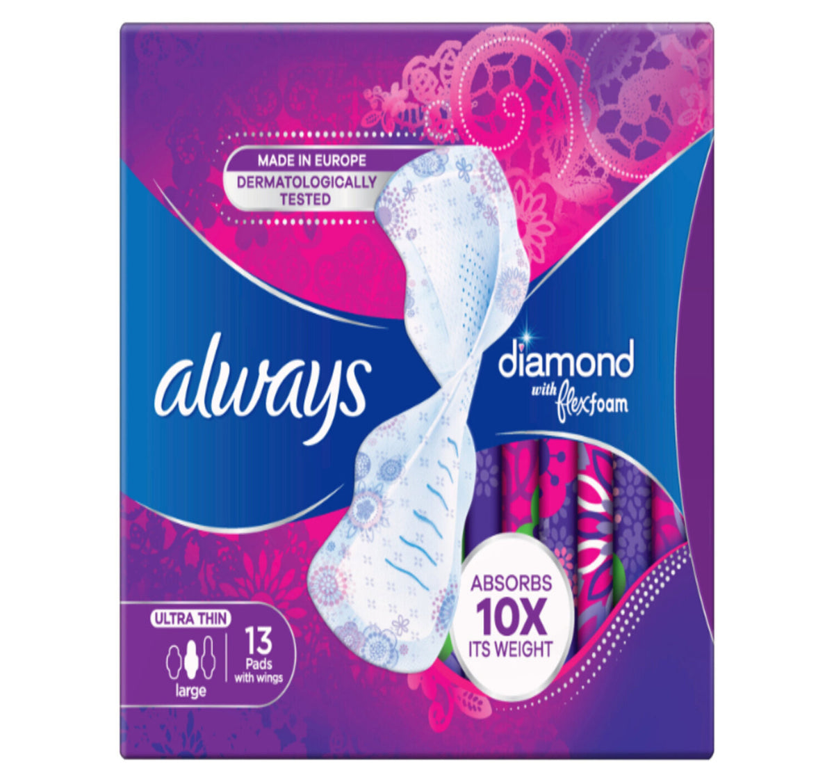 Always Diamond FlexFoam Large Sanitary Pads With Wings 13 pcs