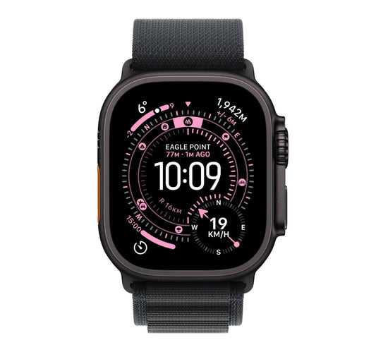 ساعة Apple Watch Ultra 3 الذكية بنظام تحديد المواقع العالمي (GPS) وشبكة خلوية، هيكل من التيتانيوم الأسود مقاس 49 مم مع حلقة ألباين سوداء (متوسطة)، MF0V4AF/A