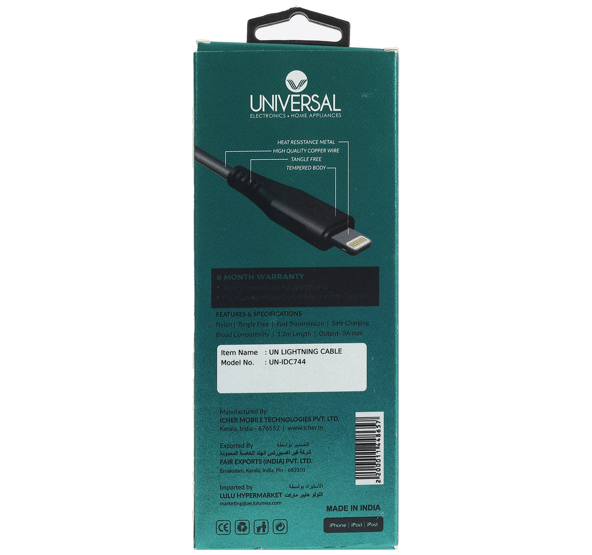 Universal Lightning Cable UN-IDC744 1.2 Meter