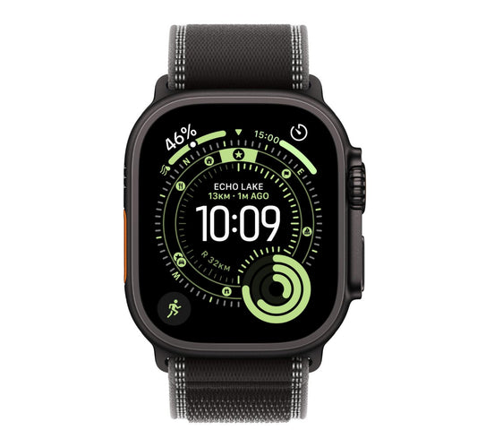 ساعة Apple Watch Ultra 3 الذكية بنظام تحديد المواقع العالمي (GPS) + الاتصال الخلوي، هيكل من التيتانيوم الأسود مقاس 49 مم مع حلقة تتبع باللون الأسود/الفحمي (متوسط/كبير)، MF1H4AF/A