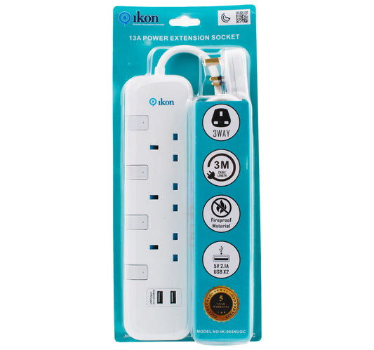 Ikon 3 Way Extension Socket with 2 USB Port, 3250W, 3m Cable Length, IK-904NUGC