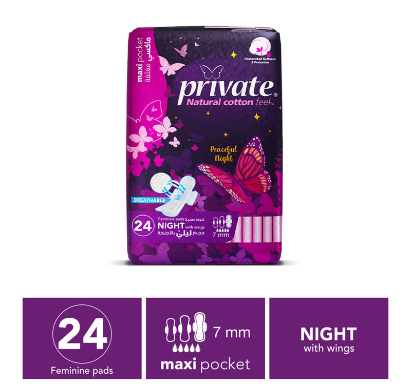 Private Natural Cotton Feel Maxi Thick Folded Night Sanitary Pads with Wings 24 pcs
