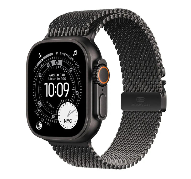 ساعة Apple Watch Ultra 3 الذكية بنظام تحديد المواقع العالمي (GPS) وشبكة خلوية، هيكل من التيتانيوم الأسود مقاس 49 مم مع حلقة ميلانو من التيتانيوم الأسود (M)، MF1Q4AF/A