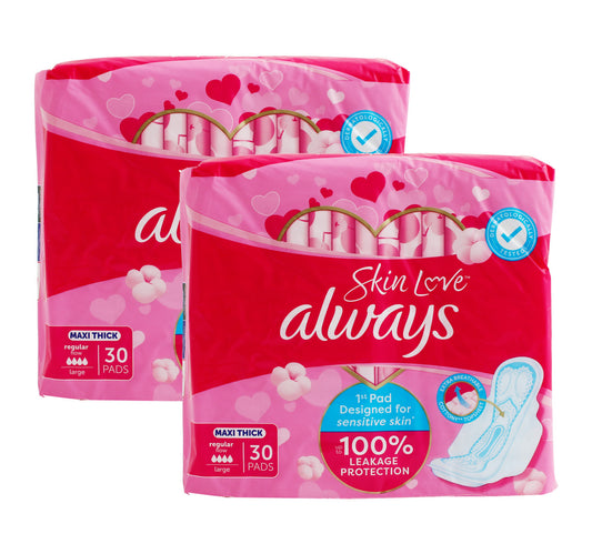 Always Skin Love Maxi Thick Sanitary Pads Large Value Pack 2 x 30 pcs