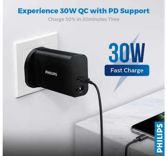 Philips 30W PD+QC Wall Charger, Black -DLP2621/05