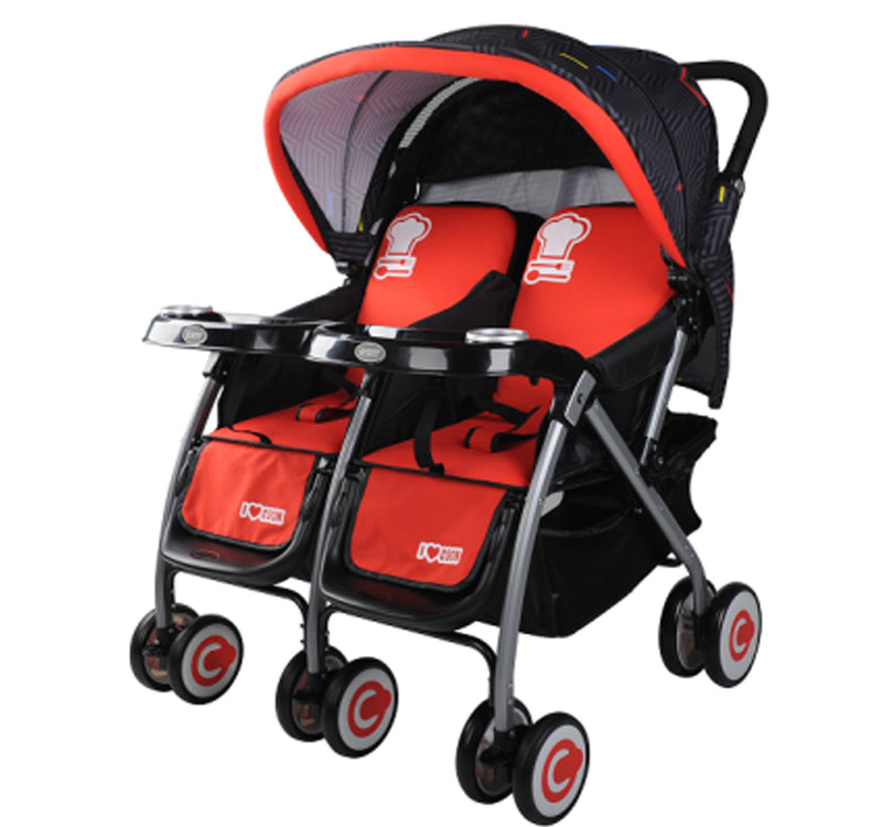 First Step Twin Baby Stroller, Black/Red, 703A