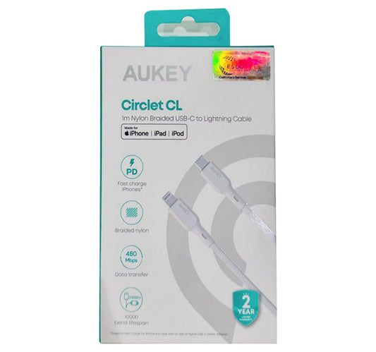 Aukey Nylon Braided USB C to Lightning Cable, 1m, White, CB-NCL1 Lulu Hypermarket