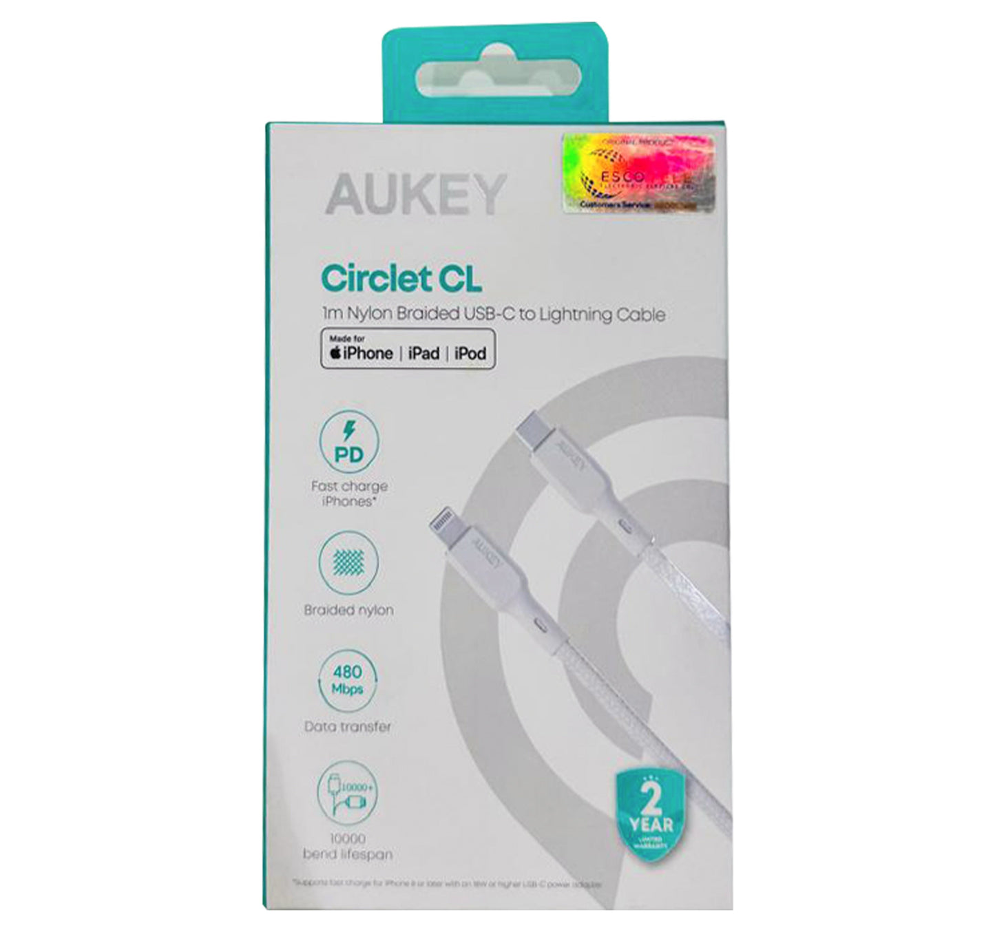 Aukey Nylon Braided USB C to Lightning Cable, 1m, White, CB-NCL1 Lulu Hypermarket