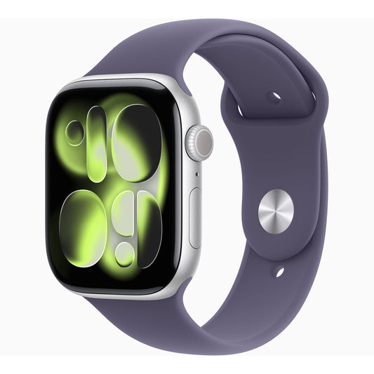 Apple Watch Series 11 GPS Smartwatch, 46 mm Silver Aluminium Case with Purple Fog Sport Band (M/L), MEVA4AF/A
