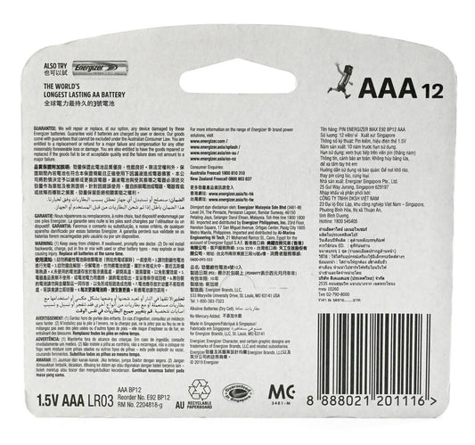 Energizer Max Alkaline AAA Battery, 1.5 V, 12 Pcs, EP92BP12