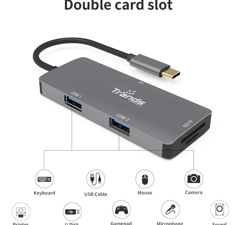 Trands USB-C Adapter with Dual USB 3.0 Ports SD TF CF Card Reader TR-CR3539