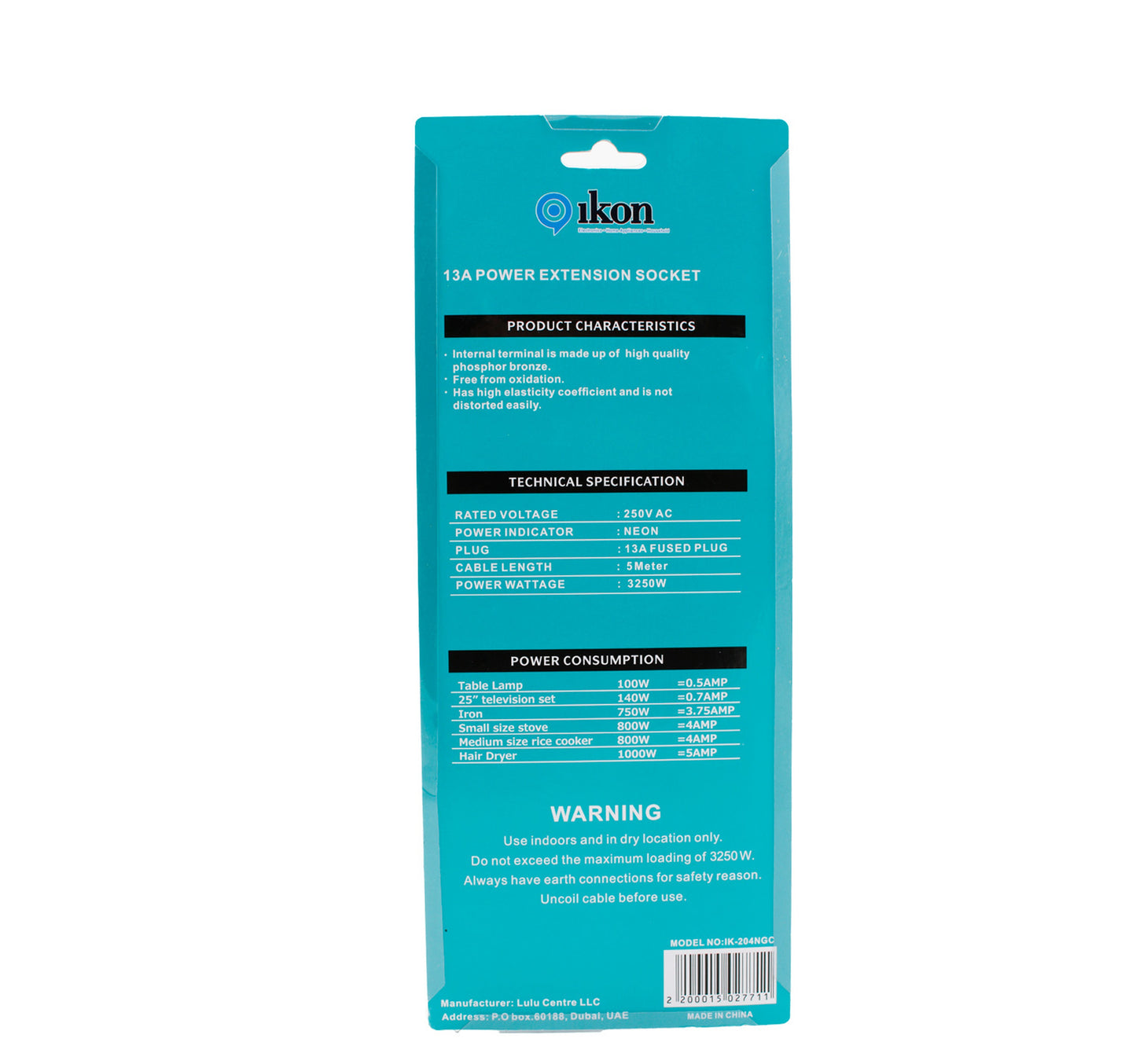Ikon 4 Way Extension Socket, 3250W, 5m Cable Length, IK-204NGC