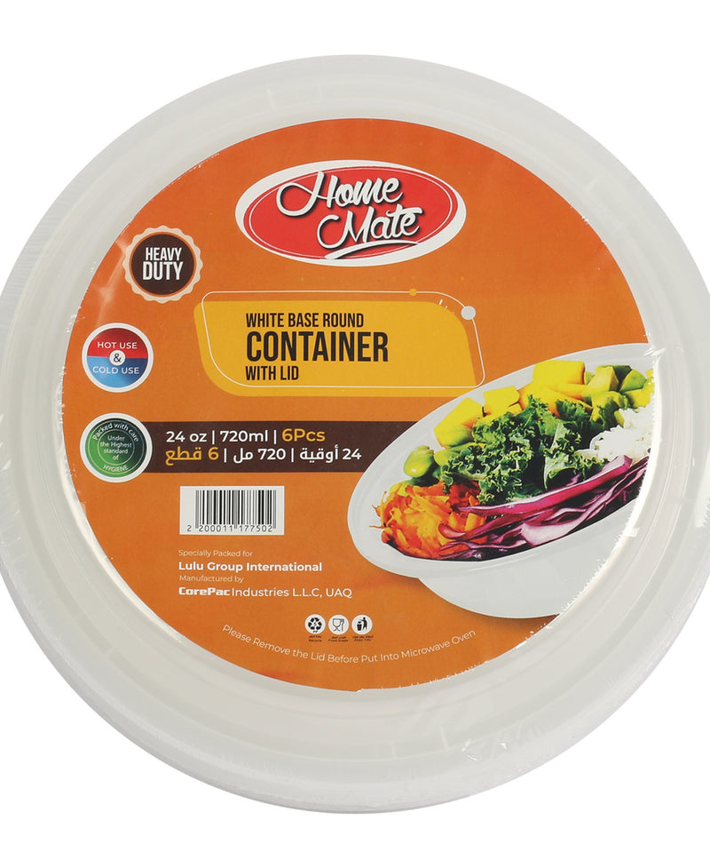Home Mate Microwave White Round Container With Lid Size 720 ml 6 pcs