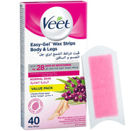 Veet Professional Hair Removal Easy-Gel Legs & Body Wax Strips with Shea Butter for Normal Skin 40 pcs