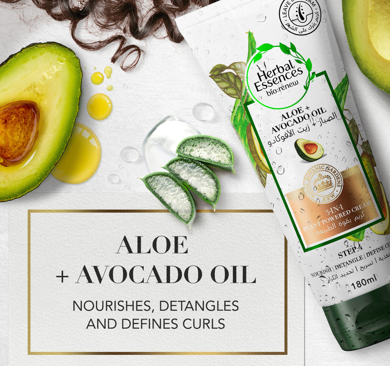 Herbal Essences Sulfate-Free Aloe + Avocado Oil 3-in-1 Plant Powered Leave-in Cream To Nourish Detangle and Define Curls 180 ml