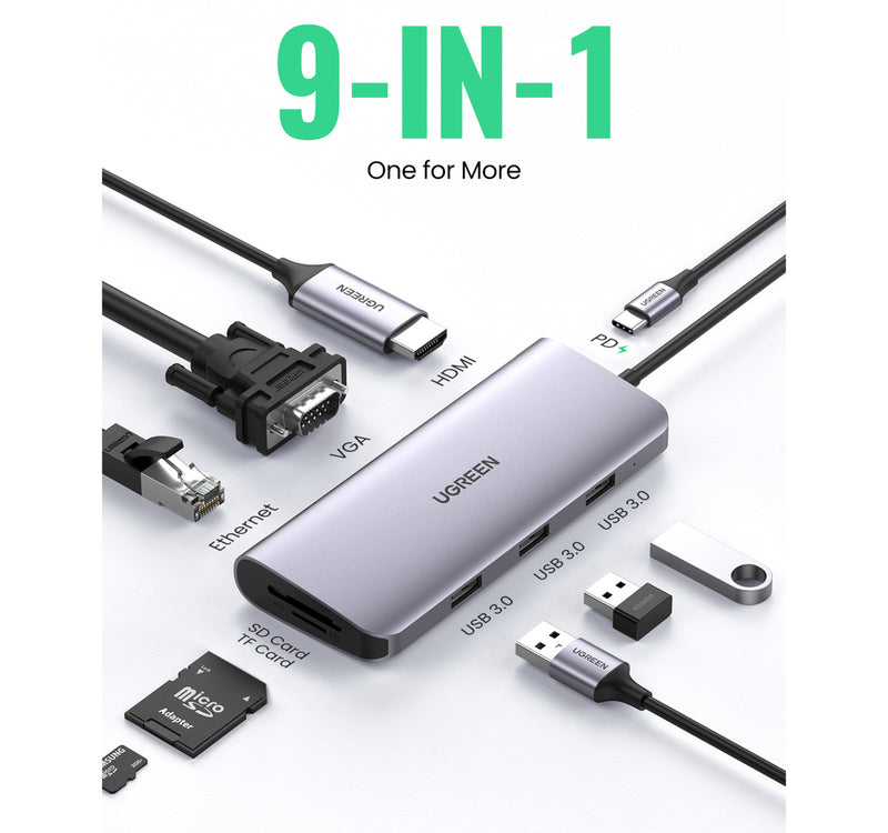 Ugreen 9 in 1 USB-C Hub, Gray, 40873