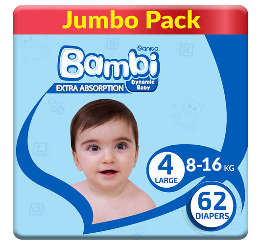 Sanita Bambi Baby Diaper Jumbo Pack Size 4 Large 8-16 kg 62 pcs