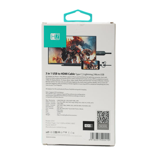 Heatz 3 In 1 USB HDMI Cable ZT41 2 Meter