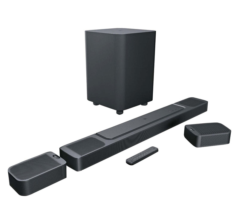 شريط الصوت JBL BAR1000 المزود بـ 7.1.4 قناة مع مكبرات صوت محيطية قابلة للفصل، وتقنية MultiBeam™ وDolby Atmos® وDTS:X