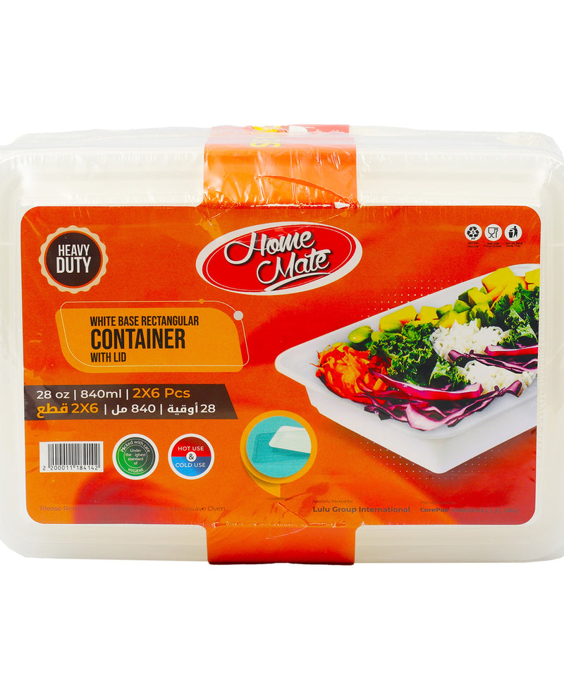 Home Mate White Rectangular Container With Lid Microwavable 840 ml 2 x 6 pcs