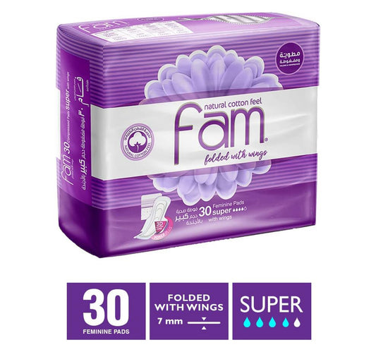 Fam Natural Cotton Feel Feminine Pads Super With Wings 30 pcs